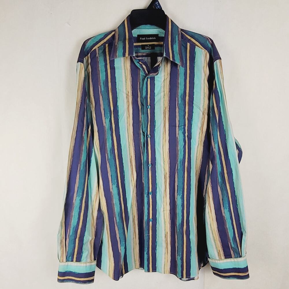 Paul Frederick blue striped button up shirt Size Medium Colorful Retro Classic
